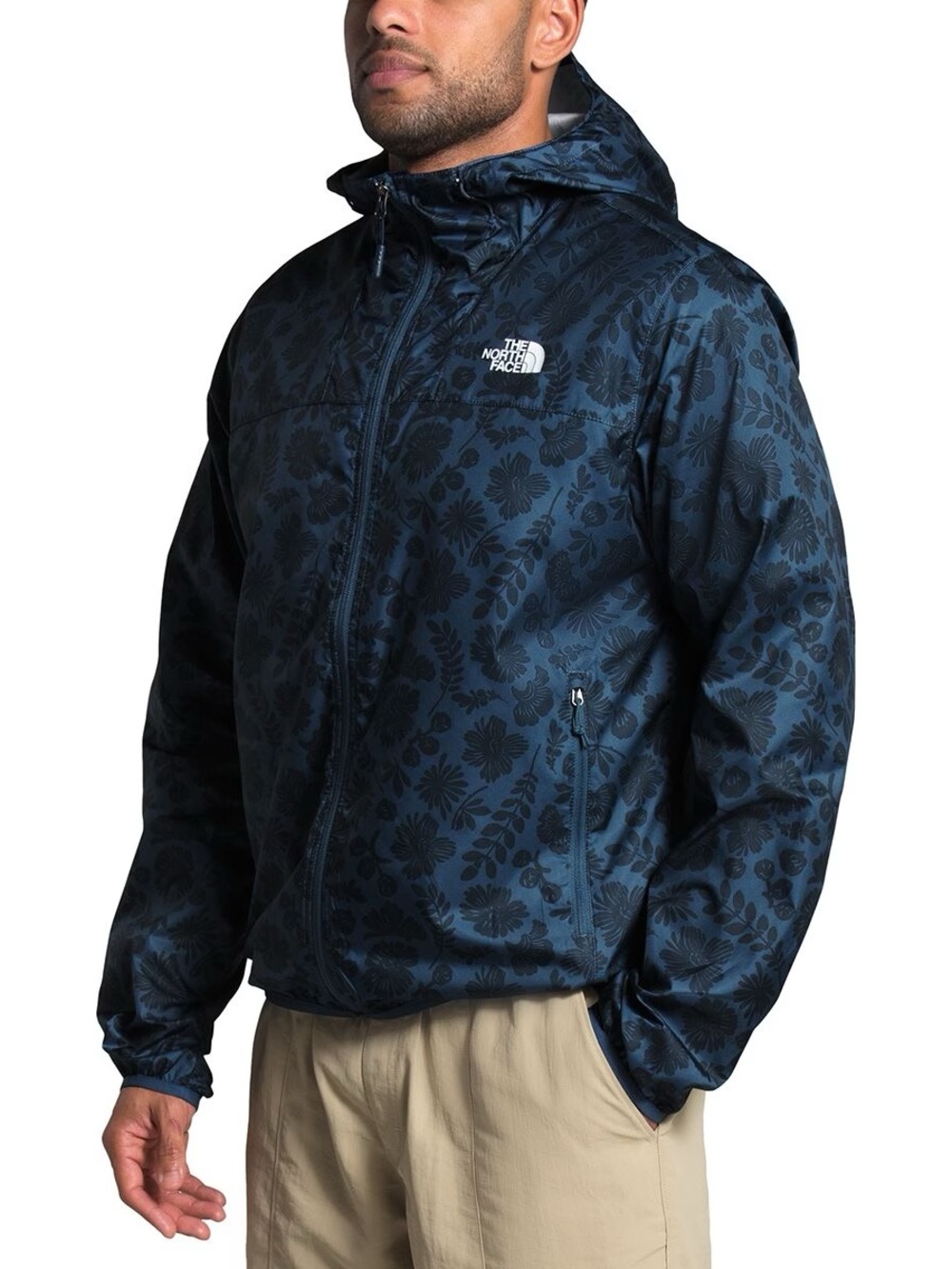 The North Face Men’s Floral Print Hooded Windbreaker Jacket Blue Full Zip Size M